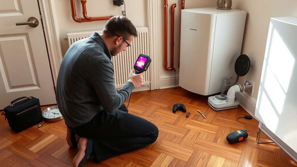 Engineer locating central heating leak using thermal imaging in Finsbury Park